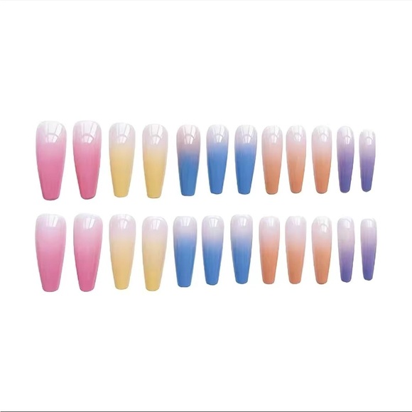Acrylic Long Ballerina Tip Glossy Neon Rainbow Gradient Manicure Professional - Picture 4 of 6